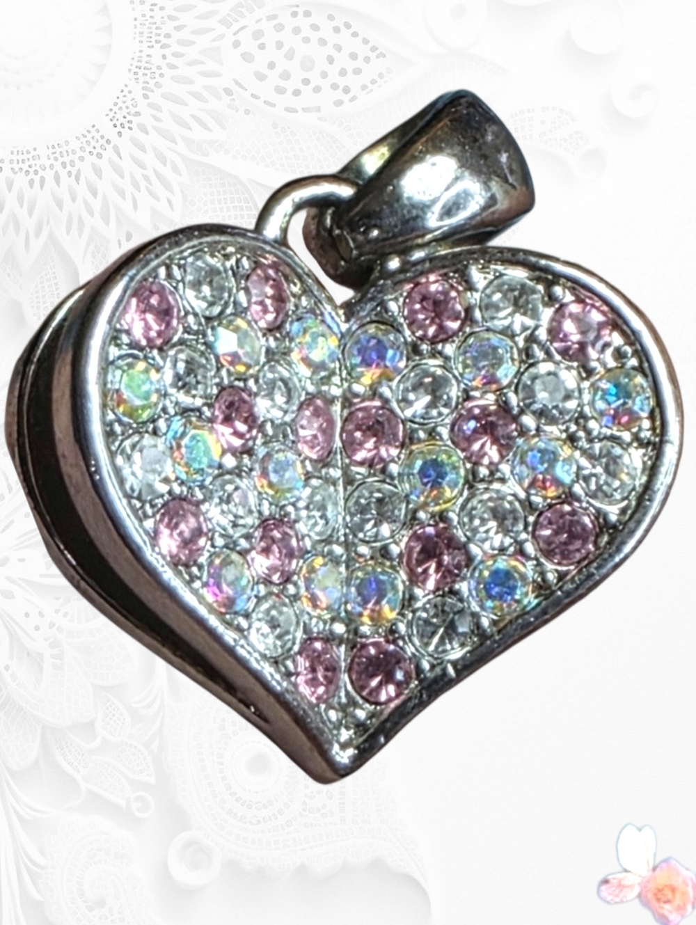 Sparkling Heart Pendant SUN Signed with Pink and Silver Rhinestone Accents 946